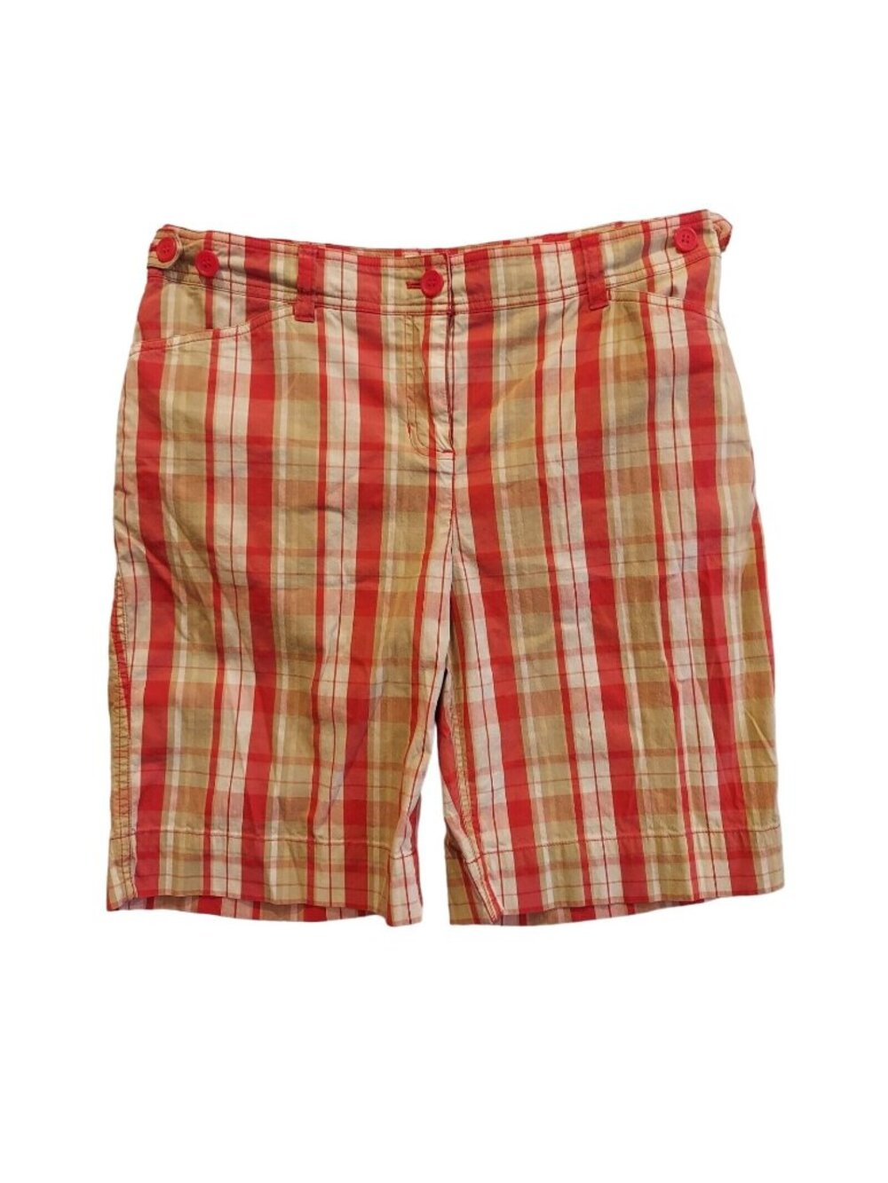 womens 12P Shorts Red Tan Plaid  Bermuda Stretch Casual vacation beachy bold fun